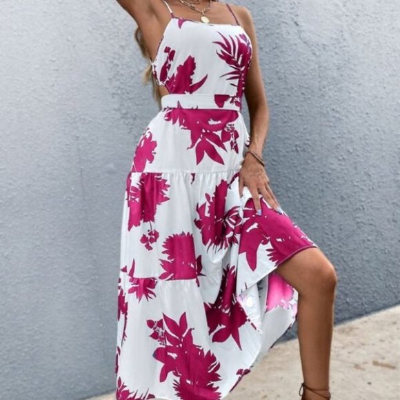 Boho pink white floral tropical print tie back maxi dress - Picture 6 of 7